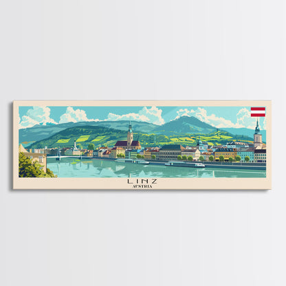 Linz Austria Panoramic Travel Poster, Framed Canvas Print or Metal Wall Art, Travel Art, Home Decor, Panoramic Painting, Midcentury Art