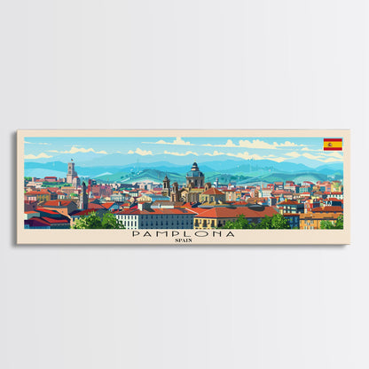 Pamplona Spain Panoramic Travel Poster, Framed Canvas Print or Metal Wall Art, Travel Art, Home Decor, Panoramic Painting, Midcentury Art