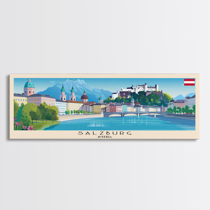 Salzburg Austria Panoramic Travel Poster, Framed Canvas Print or Metal Wall Art, Travel Art, Home Decor, Panoramic Painting, Midcentury Art