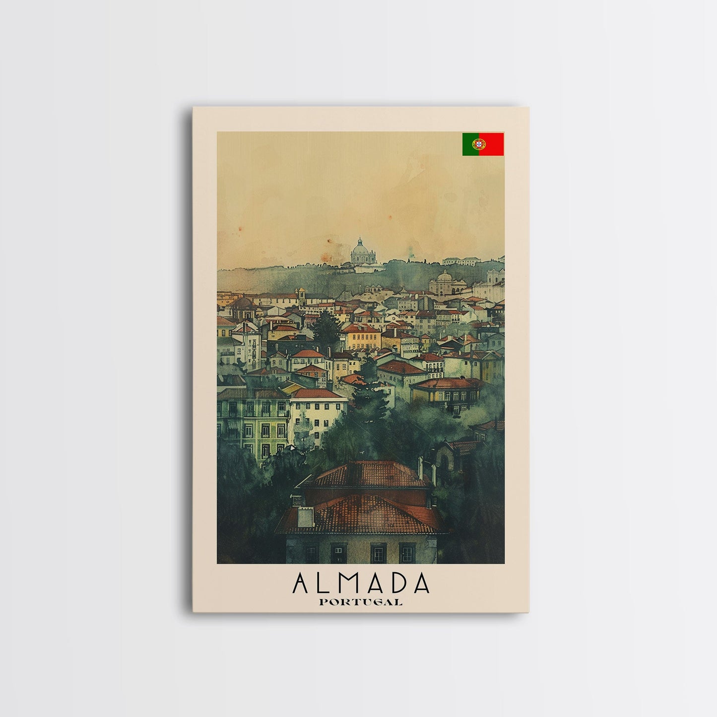 Almada Portugal Historic City Travel Poster Art, Framed Canvas Print, Beautiful Wall Art for Living Room or Bedroom, Home Decoration