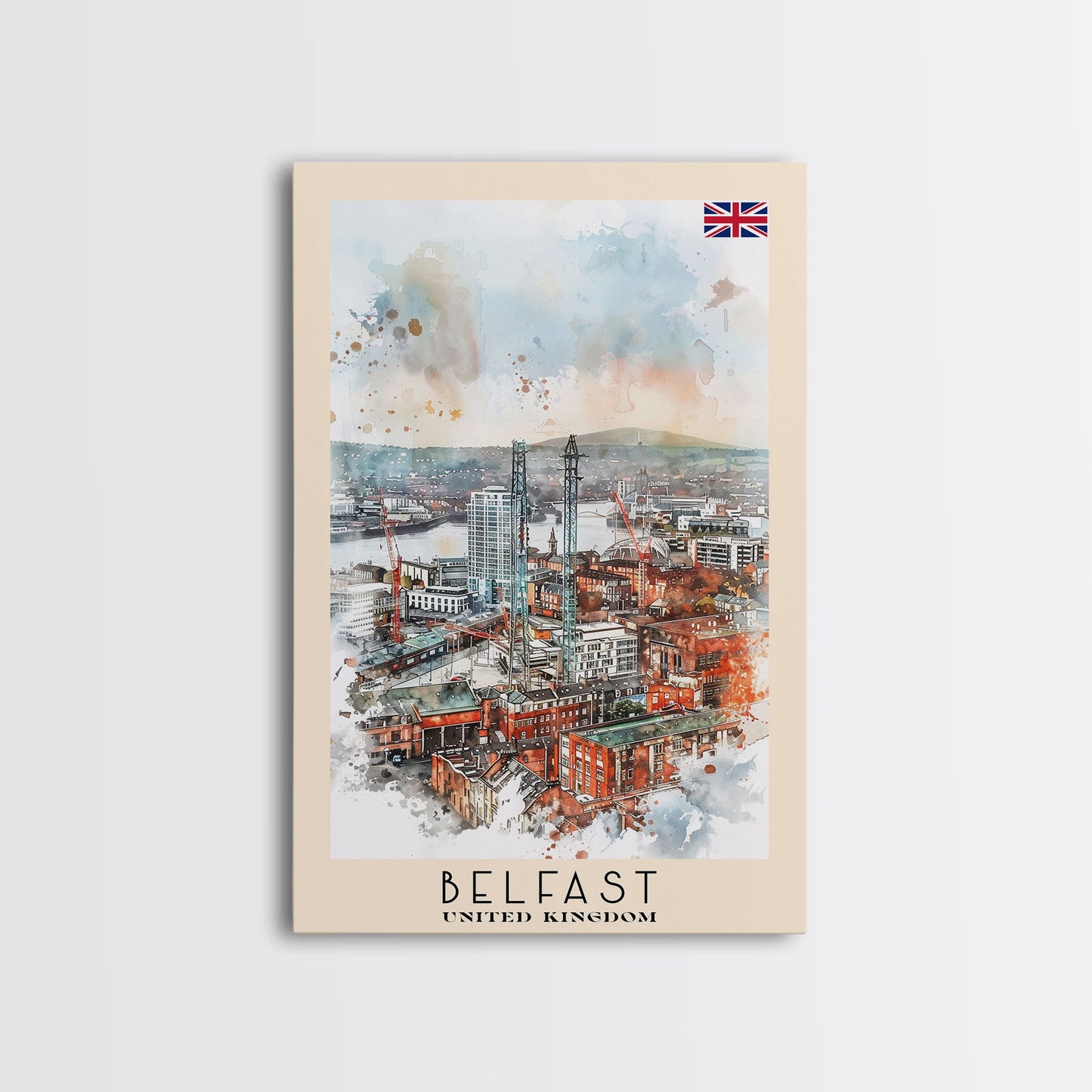 Belfast United Kingdom Travel Poster Framed Canvas Print, Wall Art, Living Room Art, Watercolor Painting, Original Art
