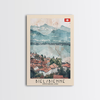 Biel/Bienne Switzerland Travel Poster Framed Canvas Print, Watercolor Painting, Wall Art, Home Decor, Scenic Travel Print