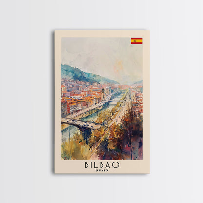 Bilbao Spain Travel Poster Framed Canvas Print, Watercolor Painting, Wall Art, Home Decor, Scenic Travel Print, Cityscape Art