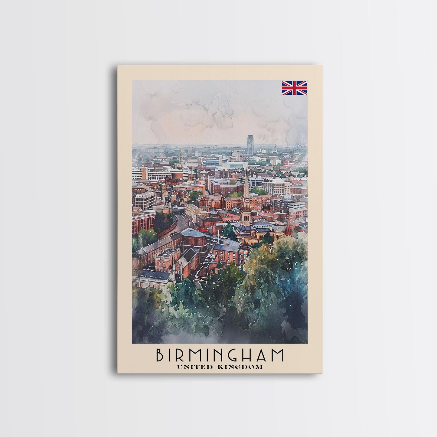 Birmingham United Kingdom Travel Poster Framed Canvas Print, Watercolor Art, Home Decor, Wall Art, Travel Print, Cityscape Art