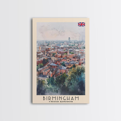 Birmingham United Kingdom Travel Poster Framed Canvas Print, Watercolor Art, Home Decor, Wall Art, Travel Print, Cityscape Art