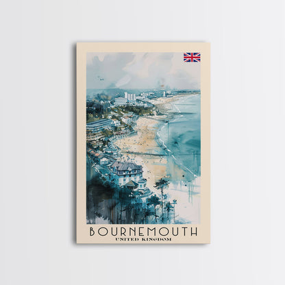 Bournemouth United Kingdom Travel Poster Framed Canvas Print, Wall Art, Home Decor, Travel Print, Beach View, Watercolor Art