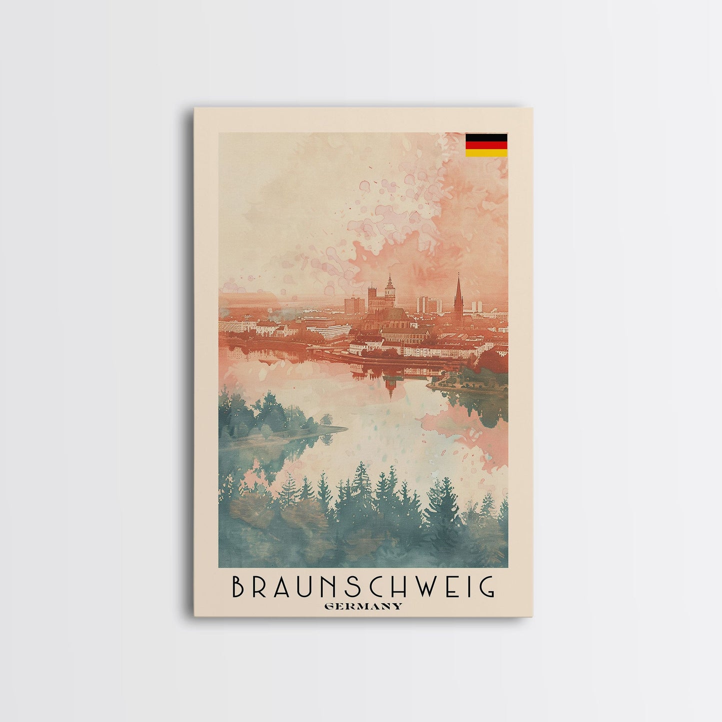 Braunschweig Germany Travel Poster Framed Canvas Print, Cityscape Art, Wall Decor, Travel Print, Watercolor Painting, Urban Scene Art