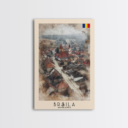 Brăila Romania Travel Poster Framed Canvas Print, Cityscape Art, Wall Decor, Travel Print, Watercolor Painting, Rustic Scene Art