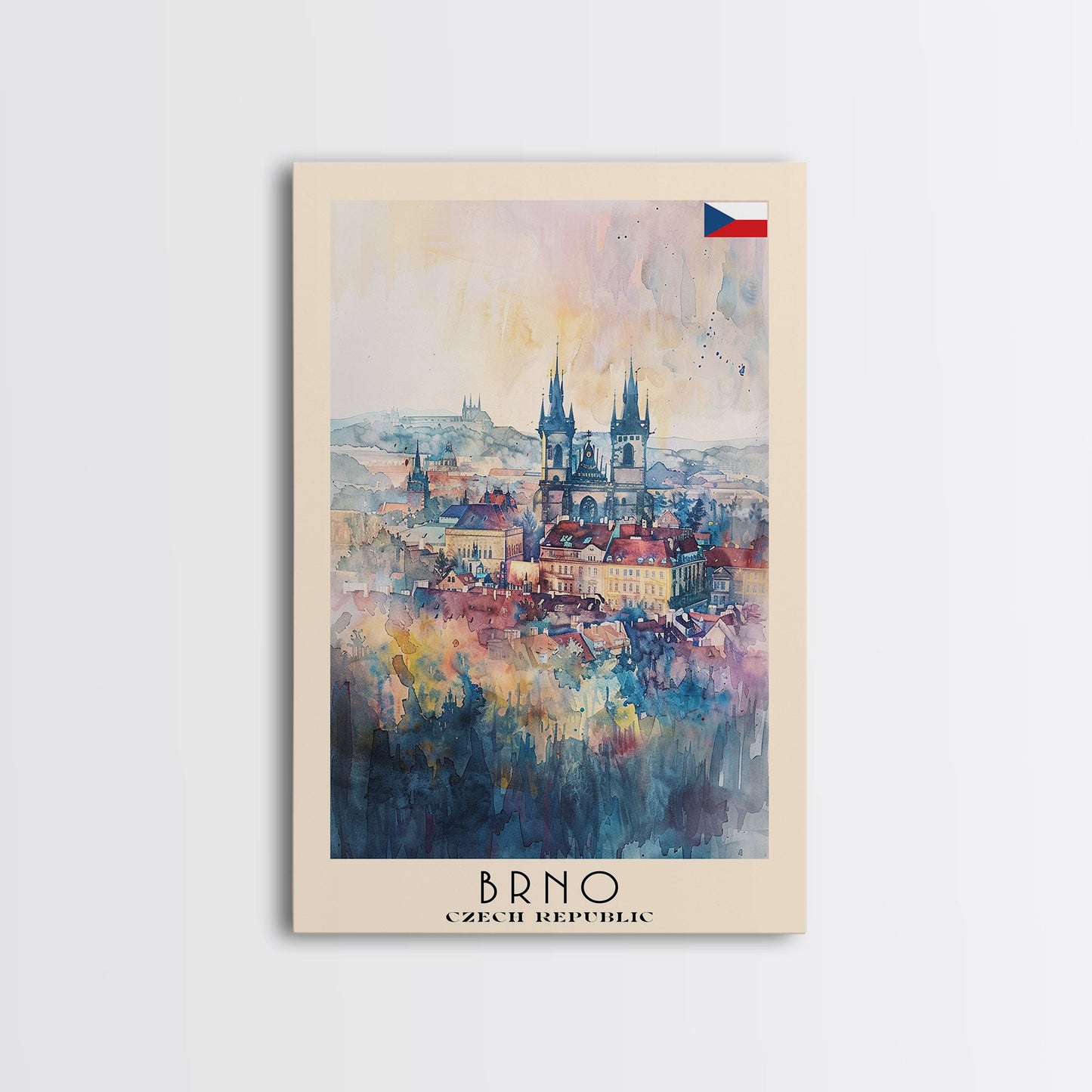 Brno Czech Republic Travel Poster Framed Canvas Print, Cityscape Art, Wall Decor, Travel Print, Watercolor Painting, Boho Style Art
