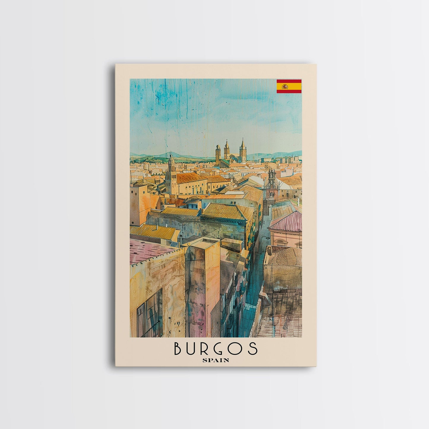 Burgos Spain Travel Poster Framed Canvas Print, Watercolor Cityscape, Wall Art, Home Decor, Living Room Art, Travel Print, Boho Style, Art Piece