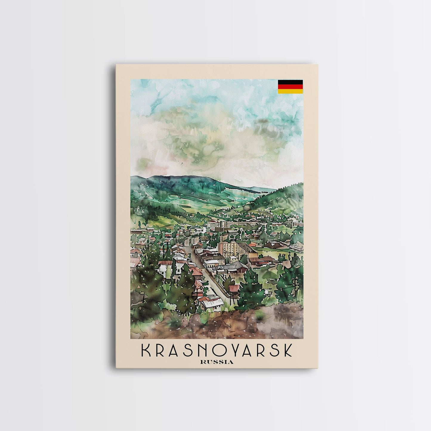 Krasnoyarsk Russia Travel Poster Framed Canvas Print, Watercolor Cityscape, Home Decor, Wall Art, Scenic Painting, Travel Print, Artistic Gift