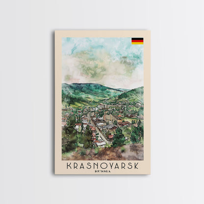 Krasnoyarsk Russia Travel Poster Framed Canvas Print, Watercolor Cityscape, Home Decor, Wall Art, Scenic Painting, Travel Print, Artistic Gift