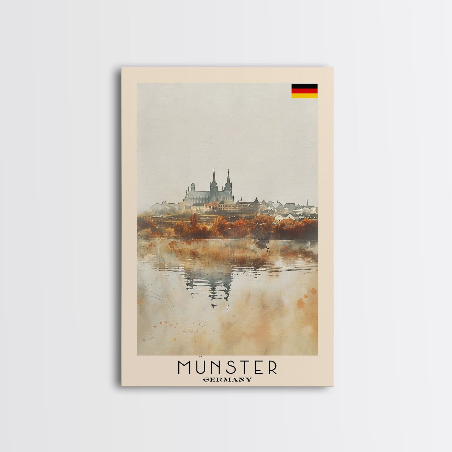 Münster Germany Travel Poster Framed Canvas Print, Historic Architecture, Watercolor Painting, Wall Art, Interior Design, Travel Print, Unique Art