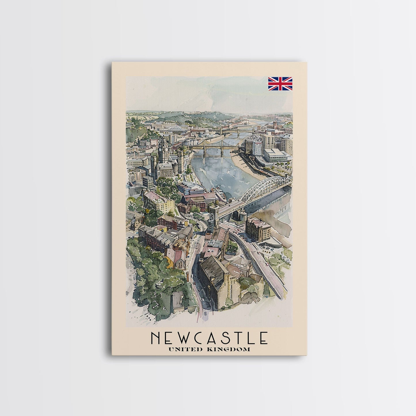 Newcastle United Kingdom Framed Canvas Print, Urban Travel Poster, Watercolor Painting, Cityscape Wall Art, Home Decor, Unique Art