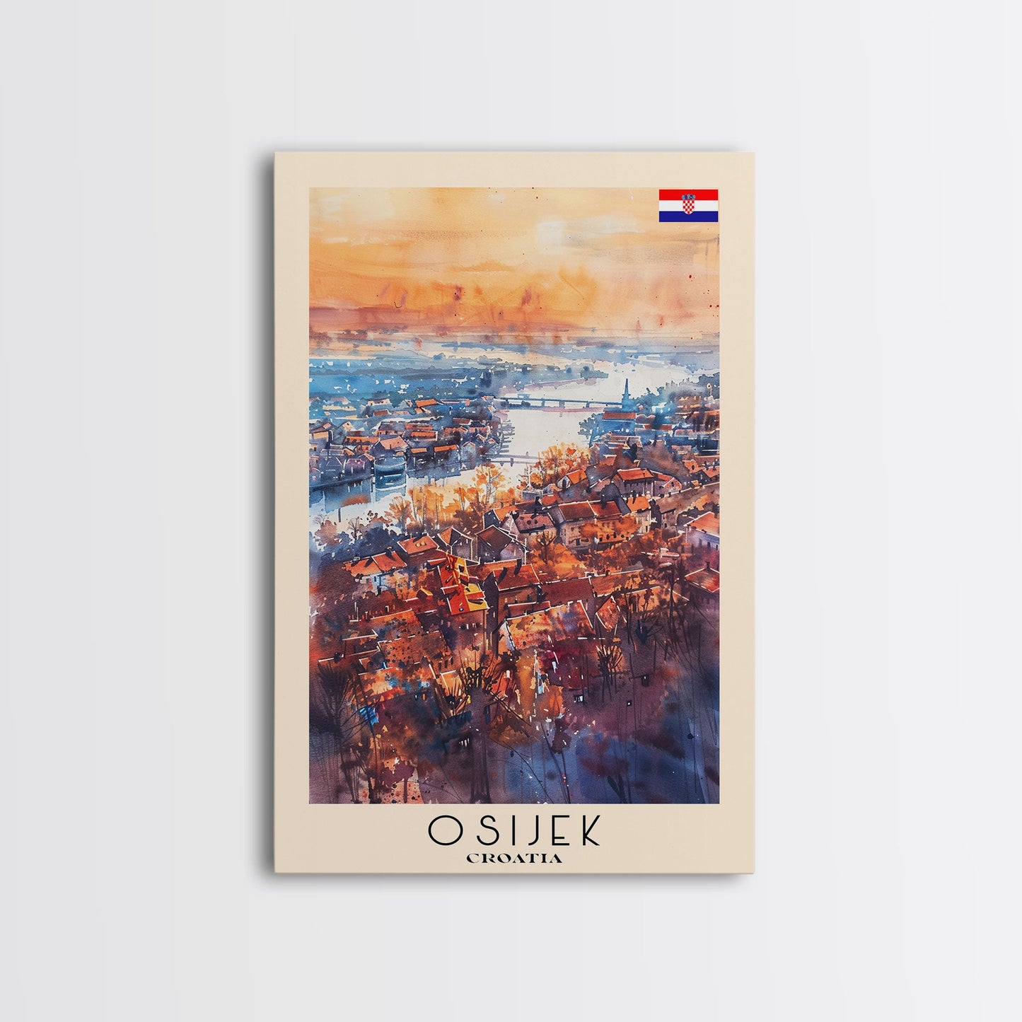 Osijek Croatia Travel Poster Framed Canvas Print, Watercolor Painting, Scenic Wall Art, Home Decor, Croatian Landscape, Rustic Art