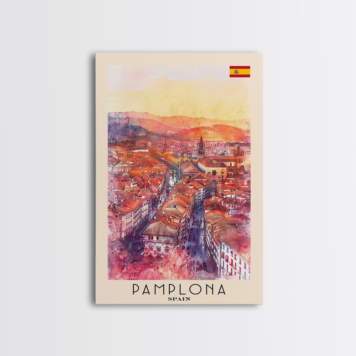 Pamplona Spain Travel Poster Framed Canvas Print, Watercolor Painting, Urban Wall Art, Home Decor, Spanish Architecture, Classic Art