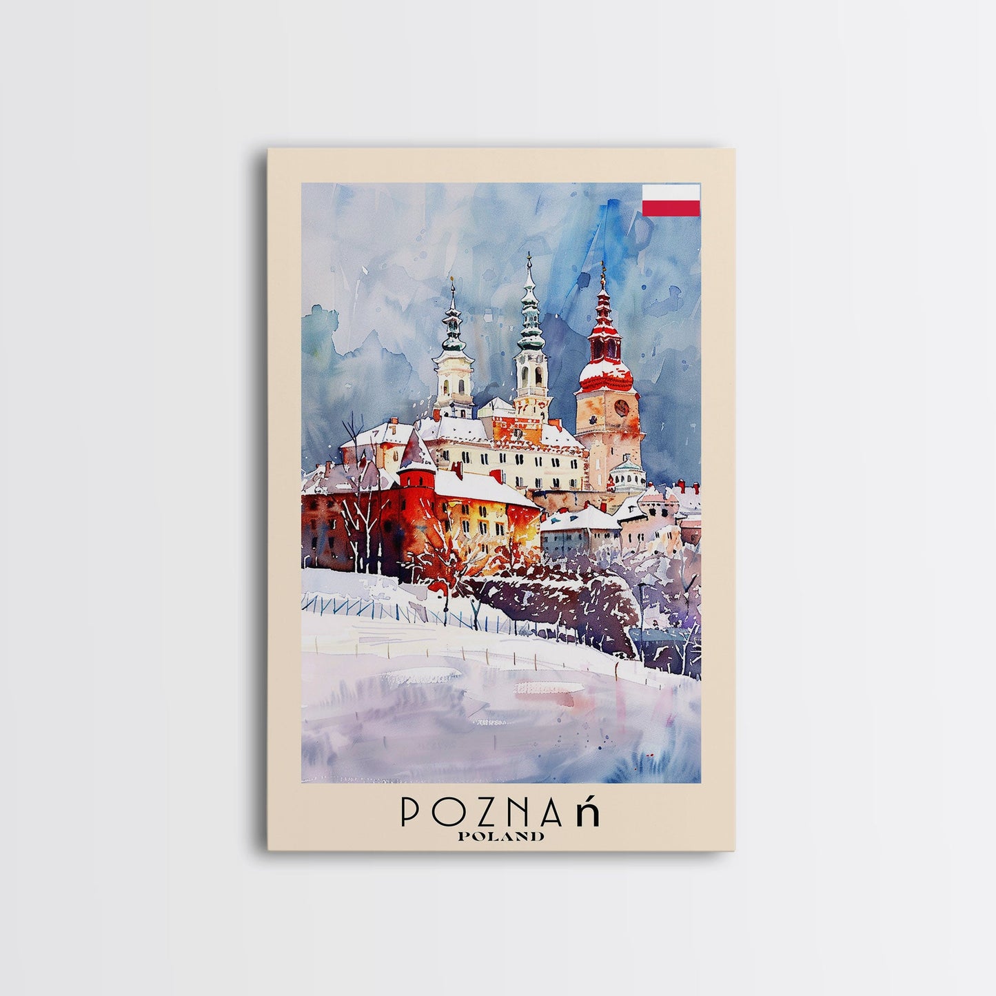 Poznan Poland Travel Poster Framed Canvas Print, Watercolor Painting, Scenic Wall Art, Home Decor, Polish Cityscape, Modern Art