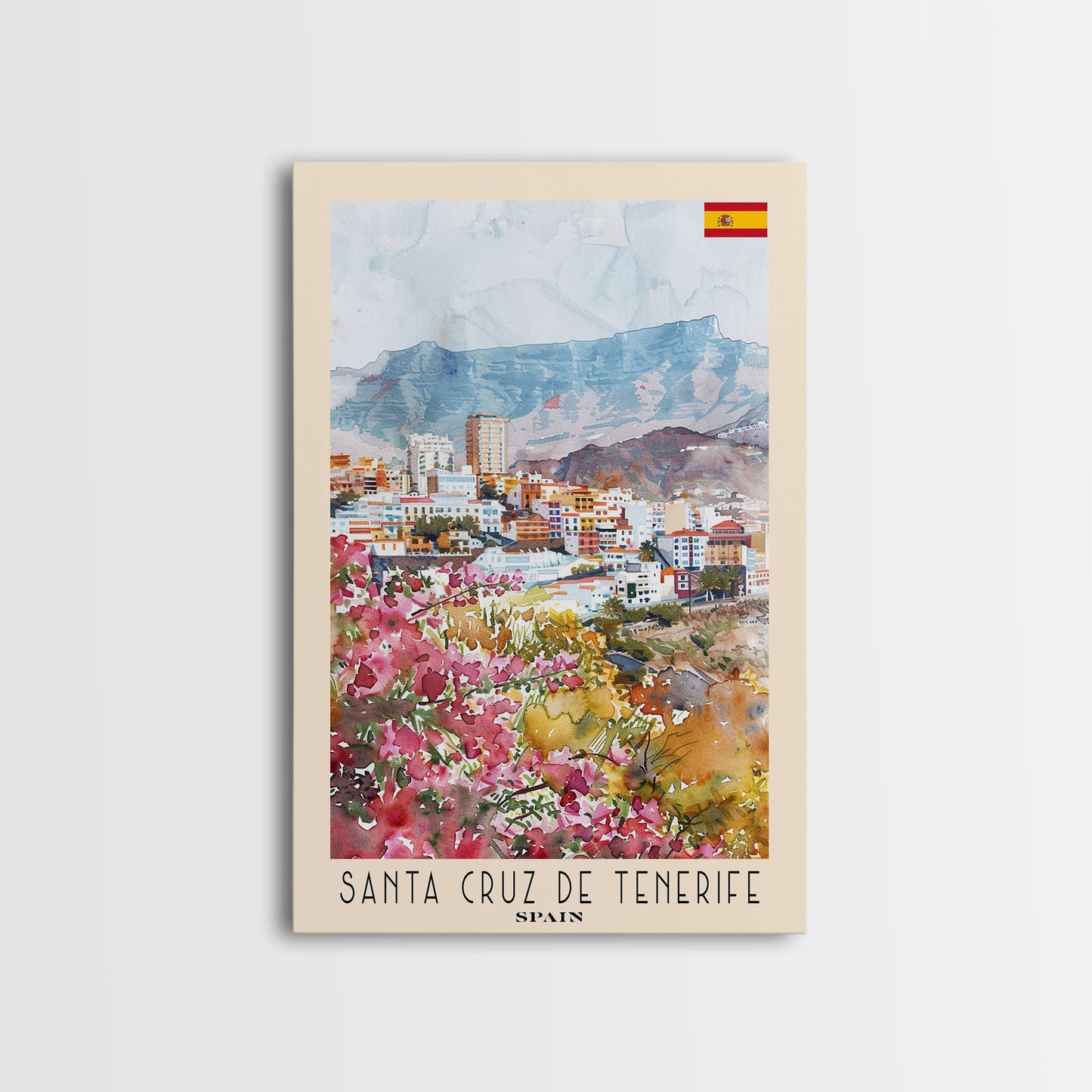 Santa Cruz de Tenerife Spain Travel Poster Framed Canvas Print, Watercolor Painting, Scenic Wall Art, Home Decor, Spanish Landscape, Modern Art