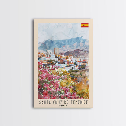 Santa Cruz de Tenerife Spain Travel Poster Framed Canvas Print, Watercolor Painting, Scenic Wall Art, Home Decor, Spanish Landscape, Modern Art