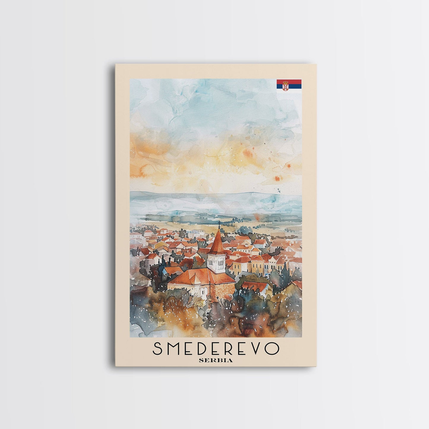 Smederevo Serbia Travel Poster Framed Canvas Print, Watercolor Painting, Scenic Wall Art, Home Decor, Serbian Cityscape, Modern Art