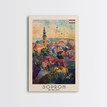 Sopron Hungary Travel Poster Framed Canvas Print, Watercolor Painting, Scenic Wall Art, Home Decor, Hungarian Cityscape, Artistic Art