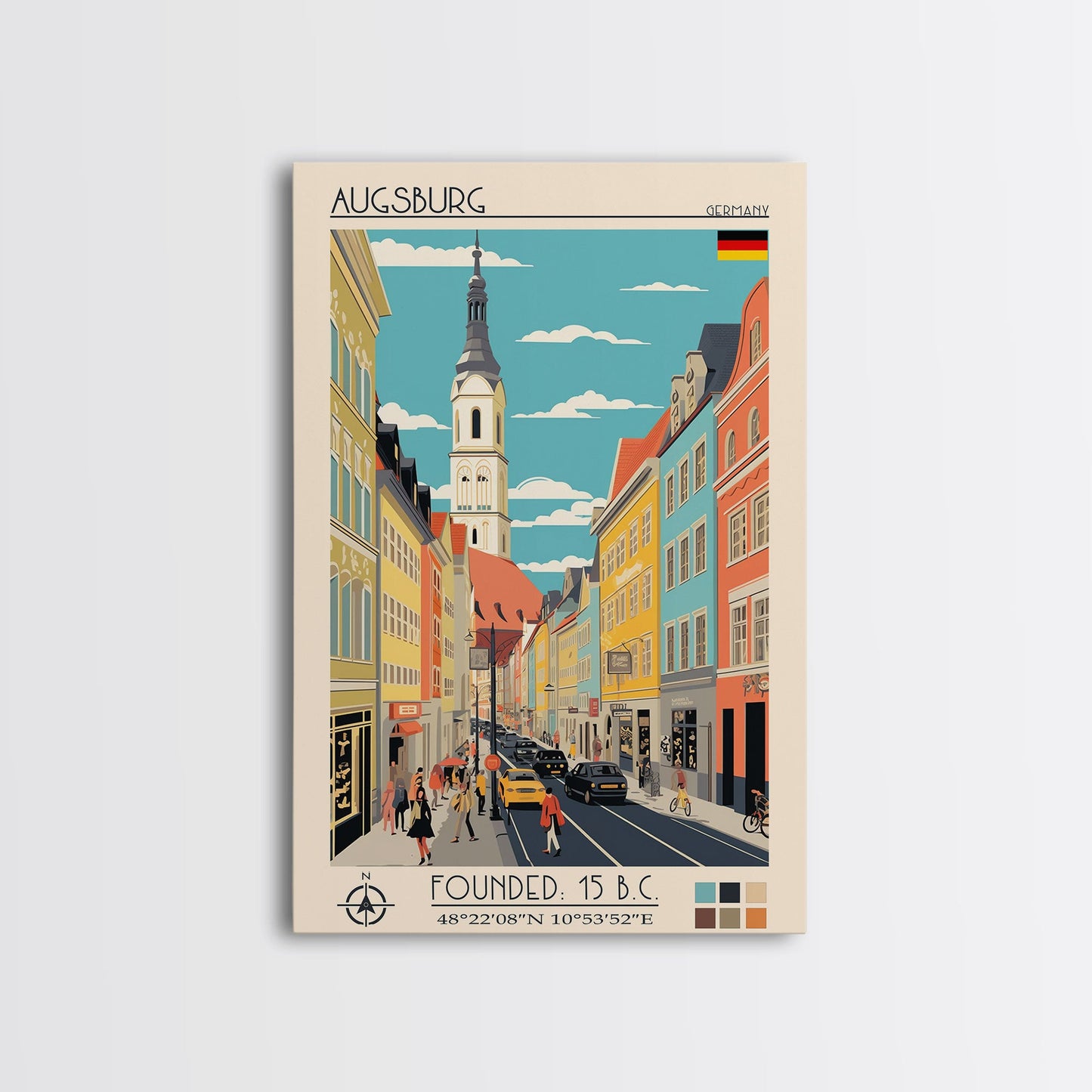 Augsburg Germany Travel Poster Framed Canvas Print, Midcentury Modern Art, Pop Art Wall Decor, Home Decor, Vacation Gift, Living Room Art