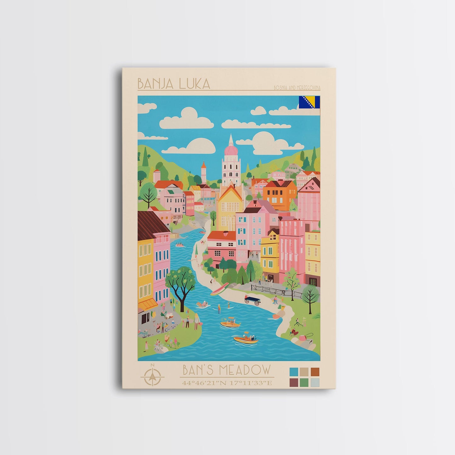 Banja Luka Bosnia Travel Poster Framed Canvas Print, Midcentury Modern Art, Pop Art Wall Decor, Home Decor, Vacation Gift, Living Room Art