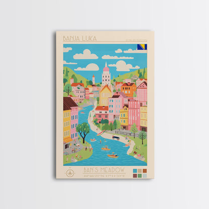 Banja Luka Bosnia Travel Poster Framed Canvas Print, Midcentury Modern Art, Pop Art Wall Decor, Home Decor, Vacation Gift, Living Room Art
