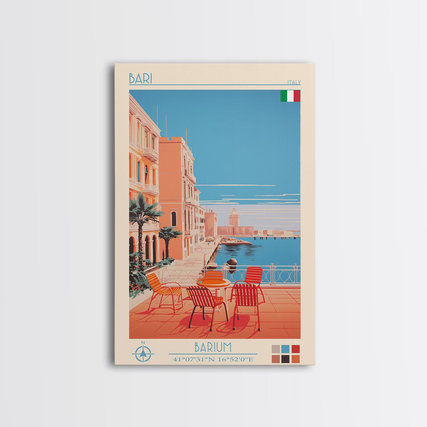 Bari Italy Travel Poster Framed Canvas Print, Midcentury Modern Art, Pop Art Wall Decor, Home Decor, Vacation Gift, Living Room Art