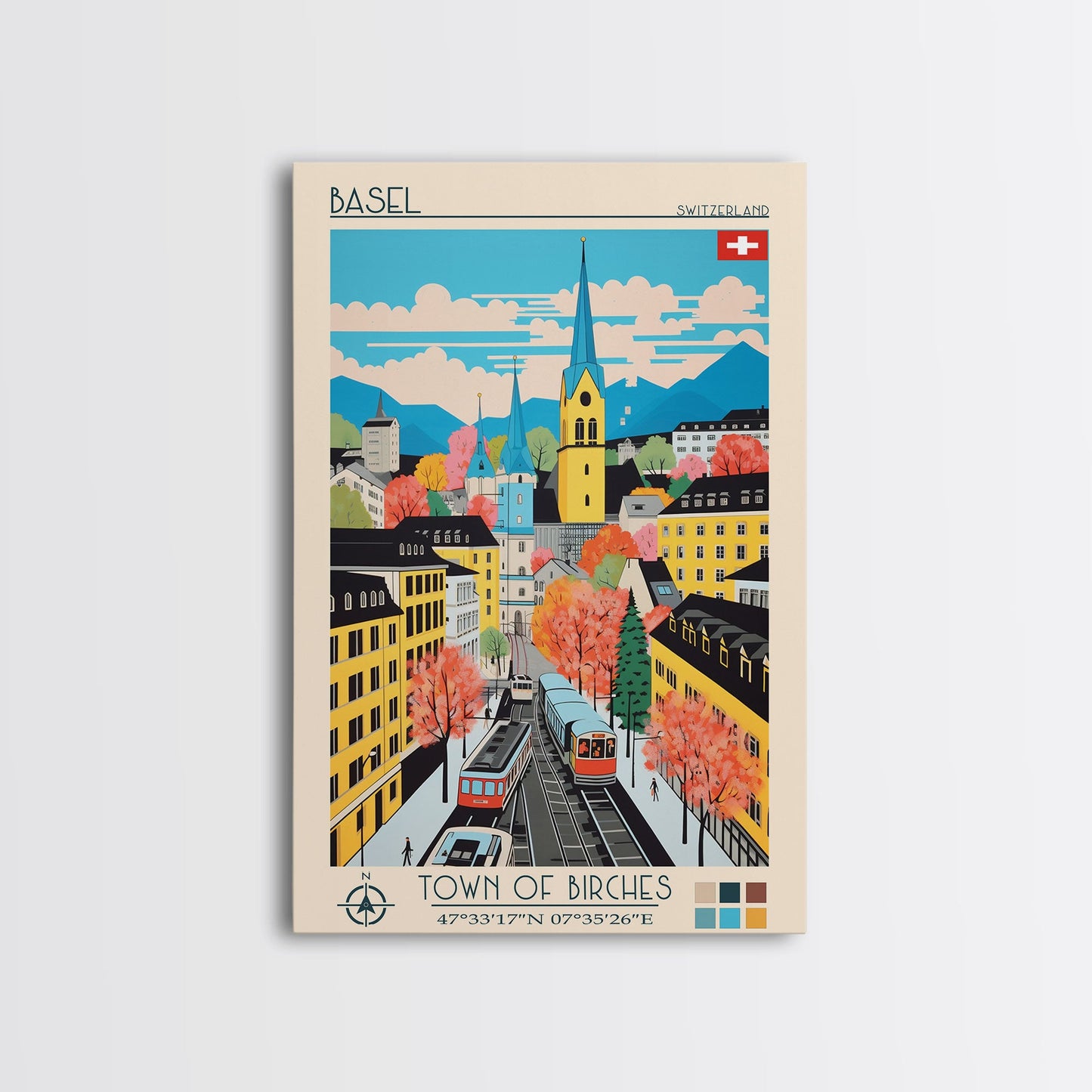 Basel Switzerland Travel Poster Framed Canvas Print, Midcentury Modern Art, Pop Art Wall Decor, Home Decor, Vacation Gift, Living Room Art