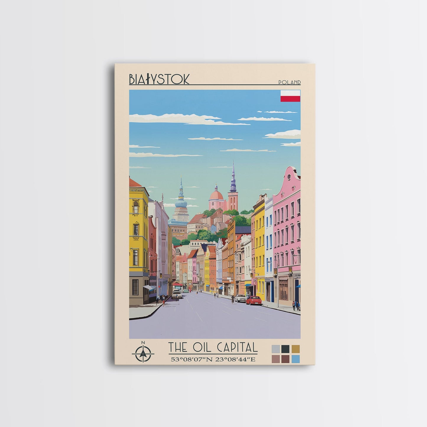 Białystok Poland Travel Poster Framed Canvas Print, Midcentury Modern Art, Pop Art Wall Decor, Home Decor, Vacation Gift, Living Room Art