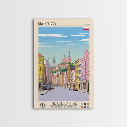 Białystok Poland Travel Poster Framed Canvas Print, Midcentury Modern Art, Pop Art Wall Decor, Home Decor, Vacation Gift, Living Room Art