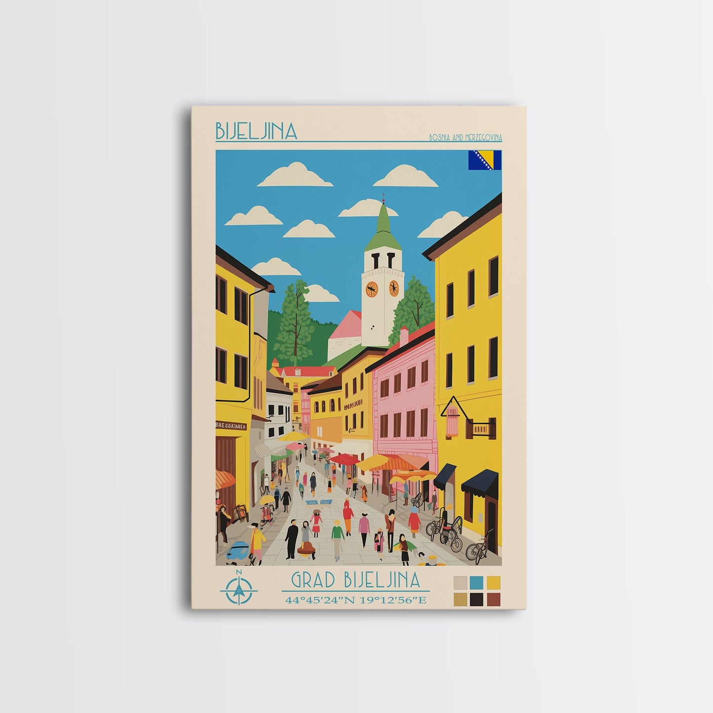 Bijeljina Bosnia Travel Poster Framed Canvas Print, Midcentury Modern Art, Pop Art Wall Decor, Home Decor, Living Room Art, Unique Gift