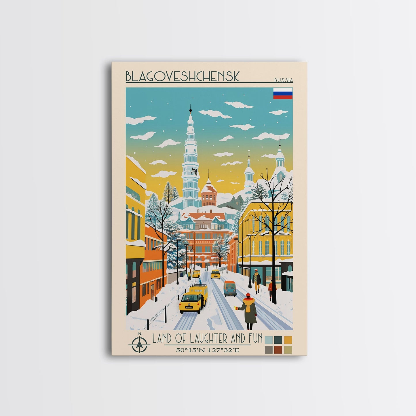 Blagoveshchensk Russia Travel Poster Framed Canvas Print, Midcentury Modern Art, Pop Art Home Decor, Scenic Wall Art, Unique Gift