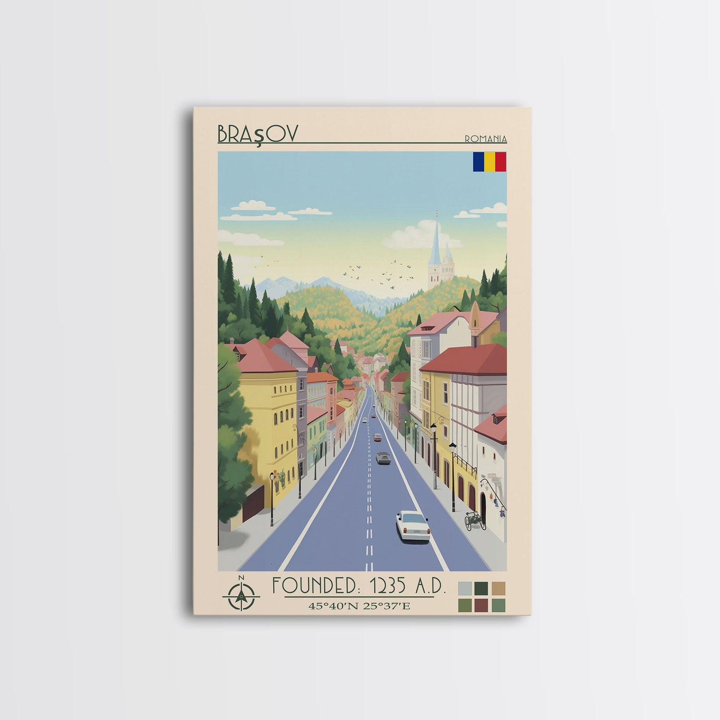 Brașov Romania Travel Poster Framed Canvas Print, Midcentury Modern Art, Pop Art Wall Decor, Home Decor, Vacation Gift, Living Room Art