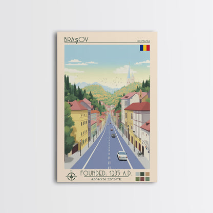 Brașov Romania Travel Poster Framed Canvas Print, Midcentury Modern Art, Pop Art Wall Decor, Home Decor, Vacation Gift, Living Room Art