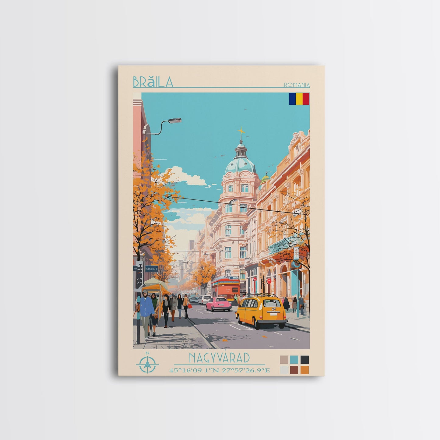 Brăila Romania Travel Poster Framed Canvas Print, Midcentury Modern Art, Pop Art Wall Decor, Home Decor, Vacation Gift, Living Room Art