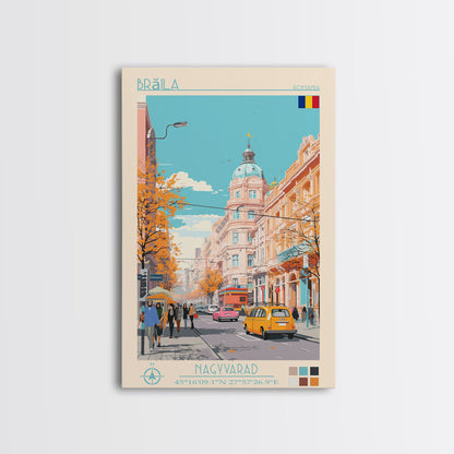 Brăila Romania Travel Poster Framed Canvas Print, Midcentury Modern Art, Pop Art Wall Decor, Home Decor, Vacation Gift, Living Room Art