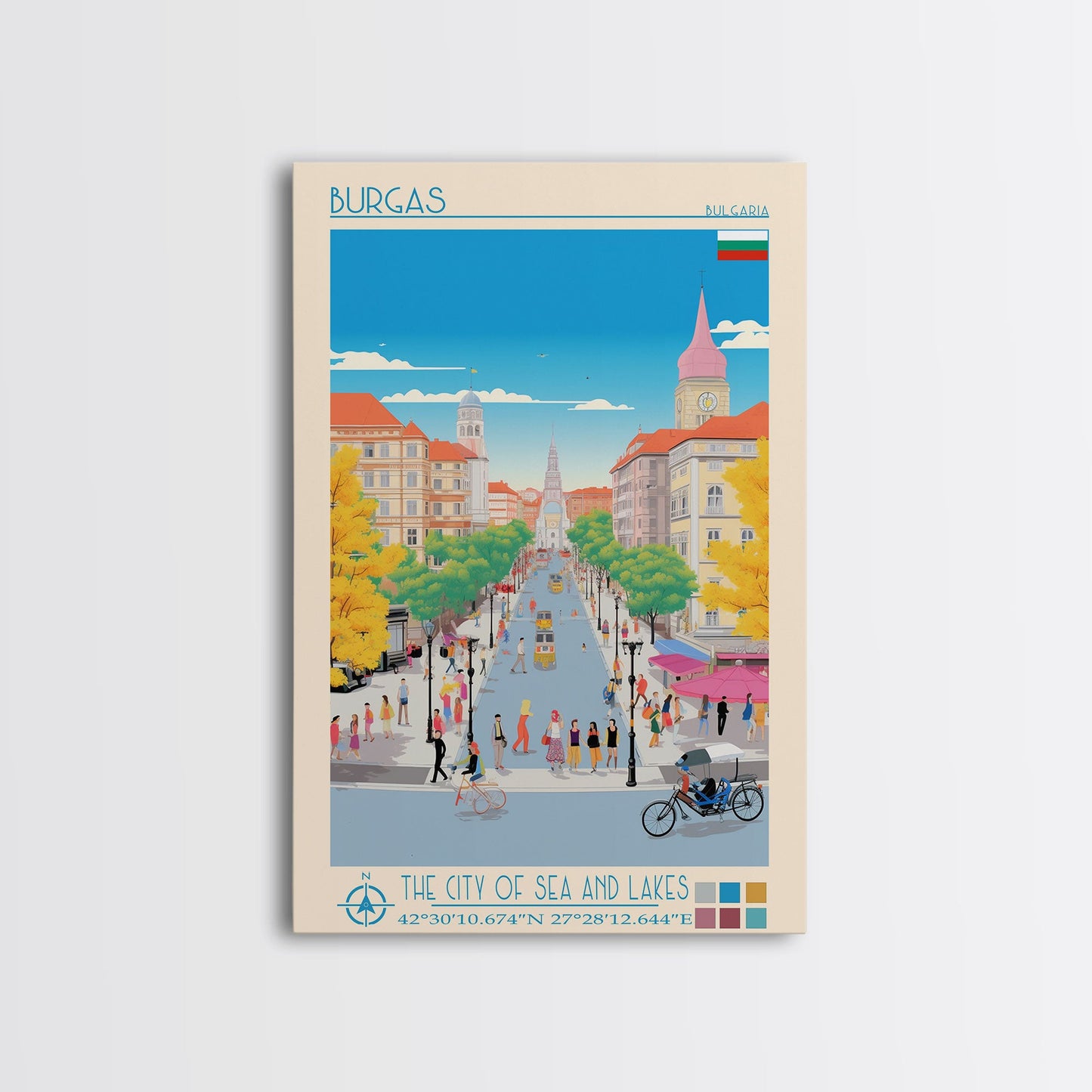 Burgas Bulgaria Travel Poster Framed Canvas Print, Midcentury Modern Art, Pop Art Wall Decor, Home Decor, Vacation Gift, Living Room Art