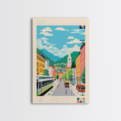 Cazin Bosnia and Herzegovina Travel Poster Framed Canvas Print, Midcentury Modern Art, Pop Art Wall Decor, Home Decor, Living Room Art