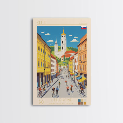Celje Slovenia Travel Poster Framed Canvas Print, Midcentury Modern Art, Pop Art Wall Decor, Scenic Wall Art, Living Room Art