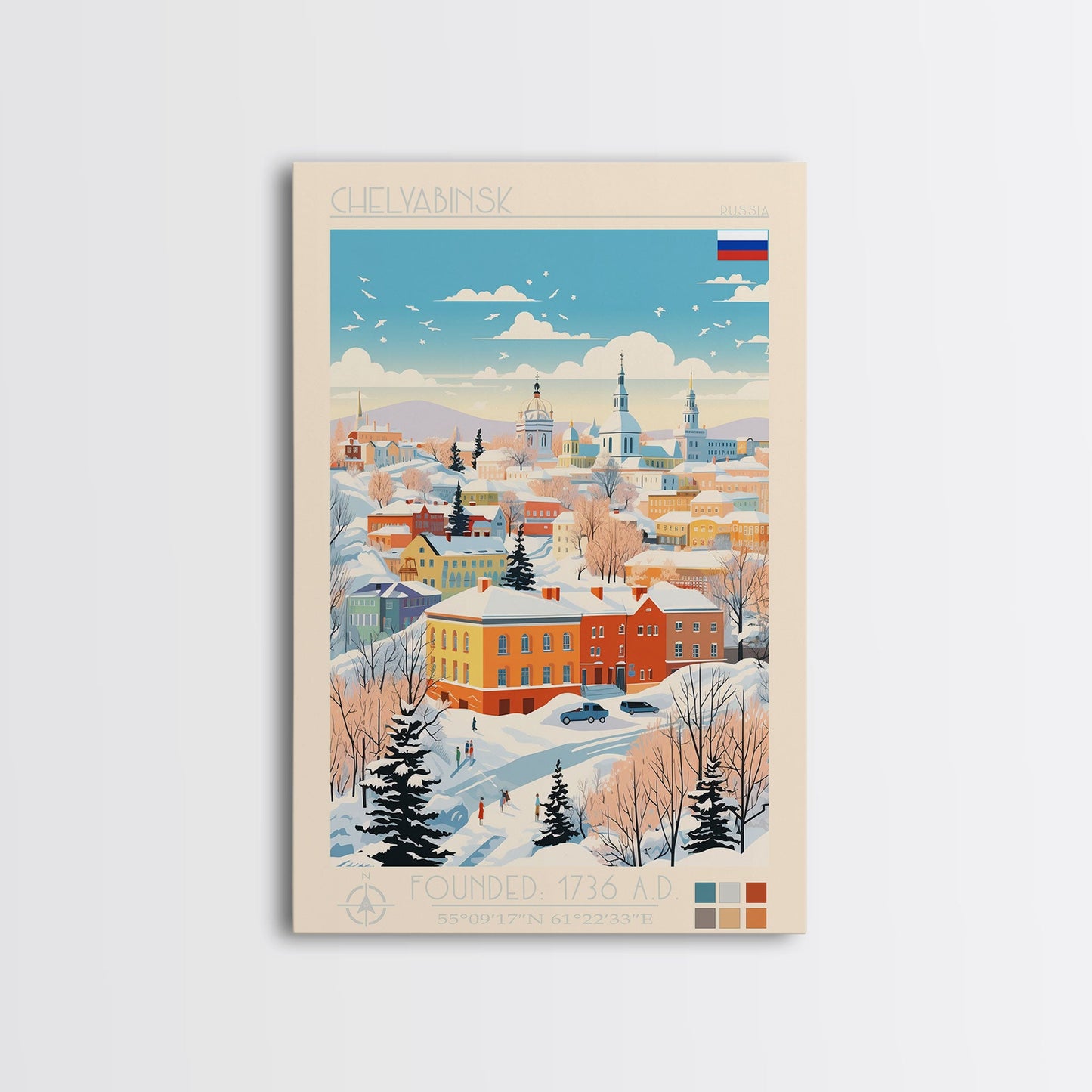 Chelyabinsk Russia Travel Poster Framed Canvas Print, Midcentury Modern Art, Pop Art Wall Decor, Home Decor, Vacation Gift, Living Room Art