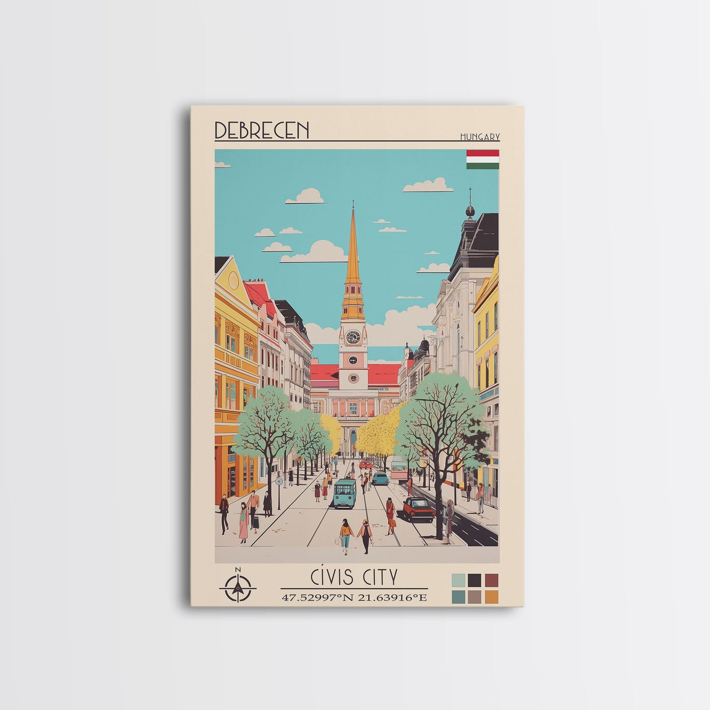 Debrecen Hungary Travel Poster Framed Canvas Print, Midcentury Modern Art, Pop Art Wall Decor, Home Decor, Vacation Gift, Living Room Art