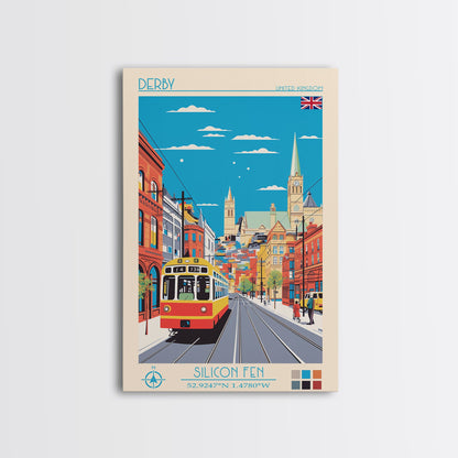 Derby United Kingdom Travel Poster Framed Canvas Print, Midcentury Modern Art, Pop Art Wall Decor, Scenic Wall Art, Living Room Art