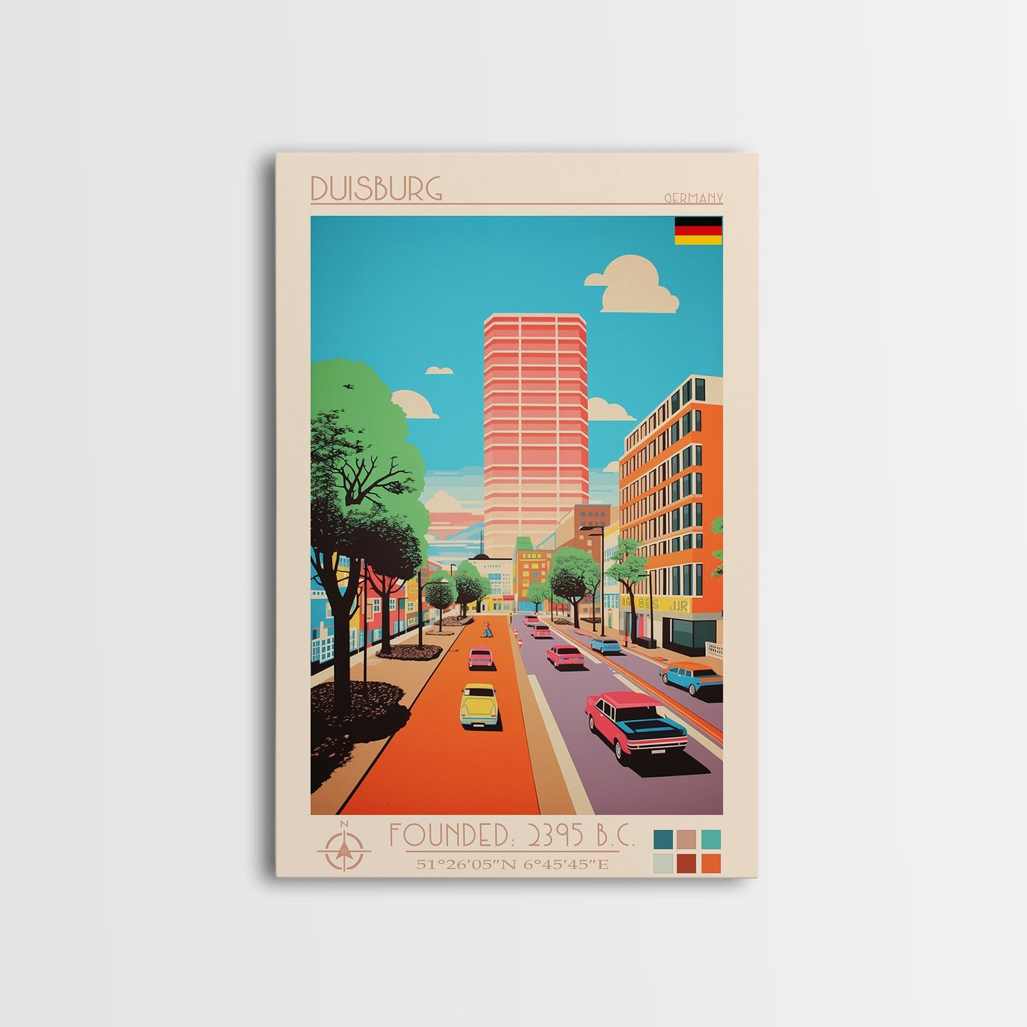 Duisburg Germany Travel Poster Framed Canvas Print, Midcentury Modern Art, Pop Art Wall Decor, Scenic Living Room Art, Bedroom Decor