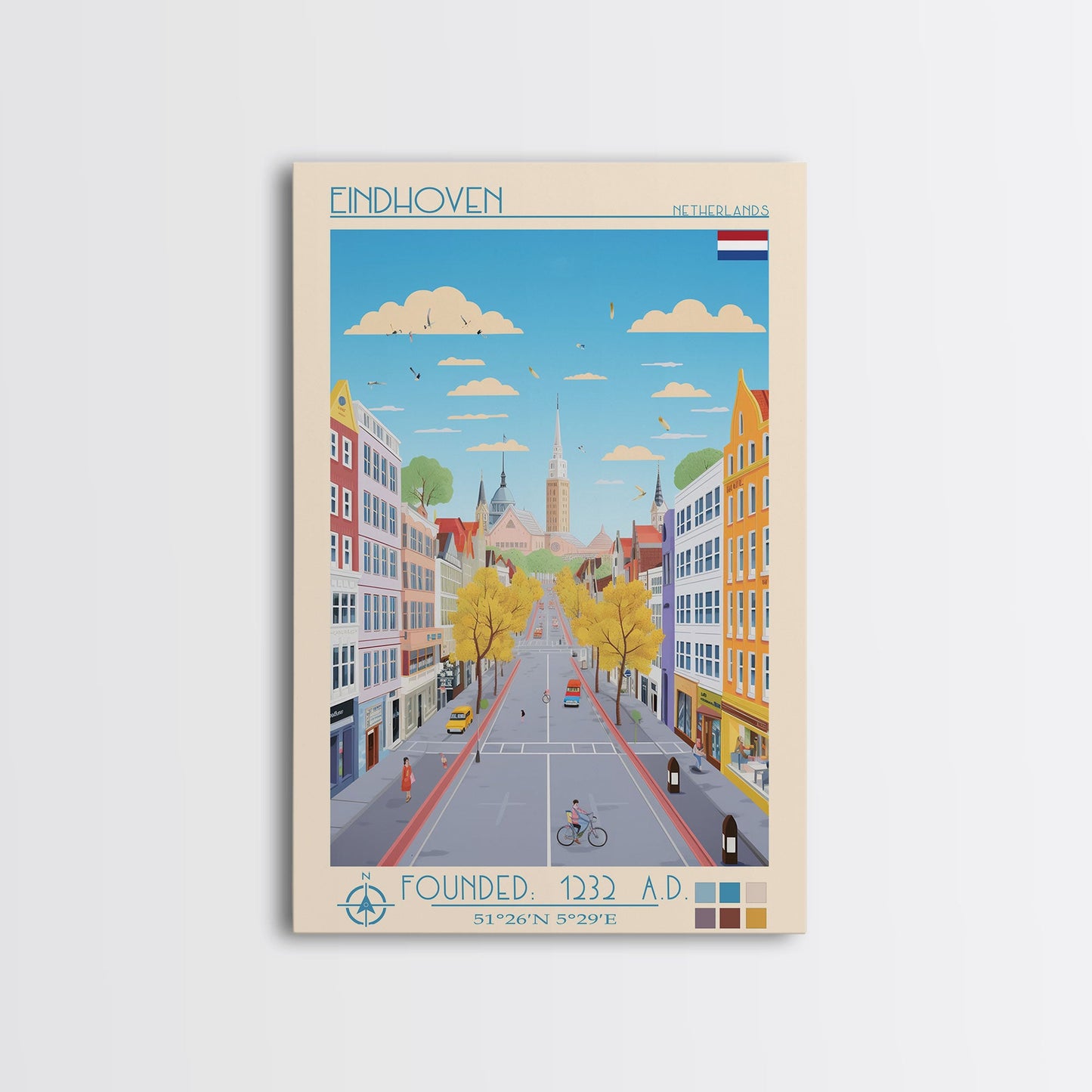 Eindhoven Netherlands Travel Poster Framed Canvas Print, Midcentury Modern Art, Pop Art Wall Decor, Scenic Living Room Art, Bedroom Gift