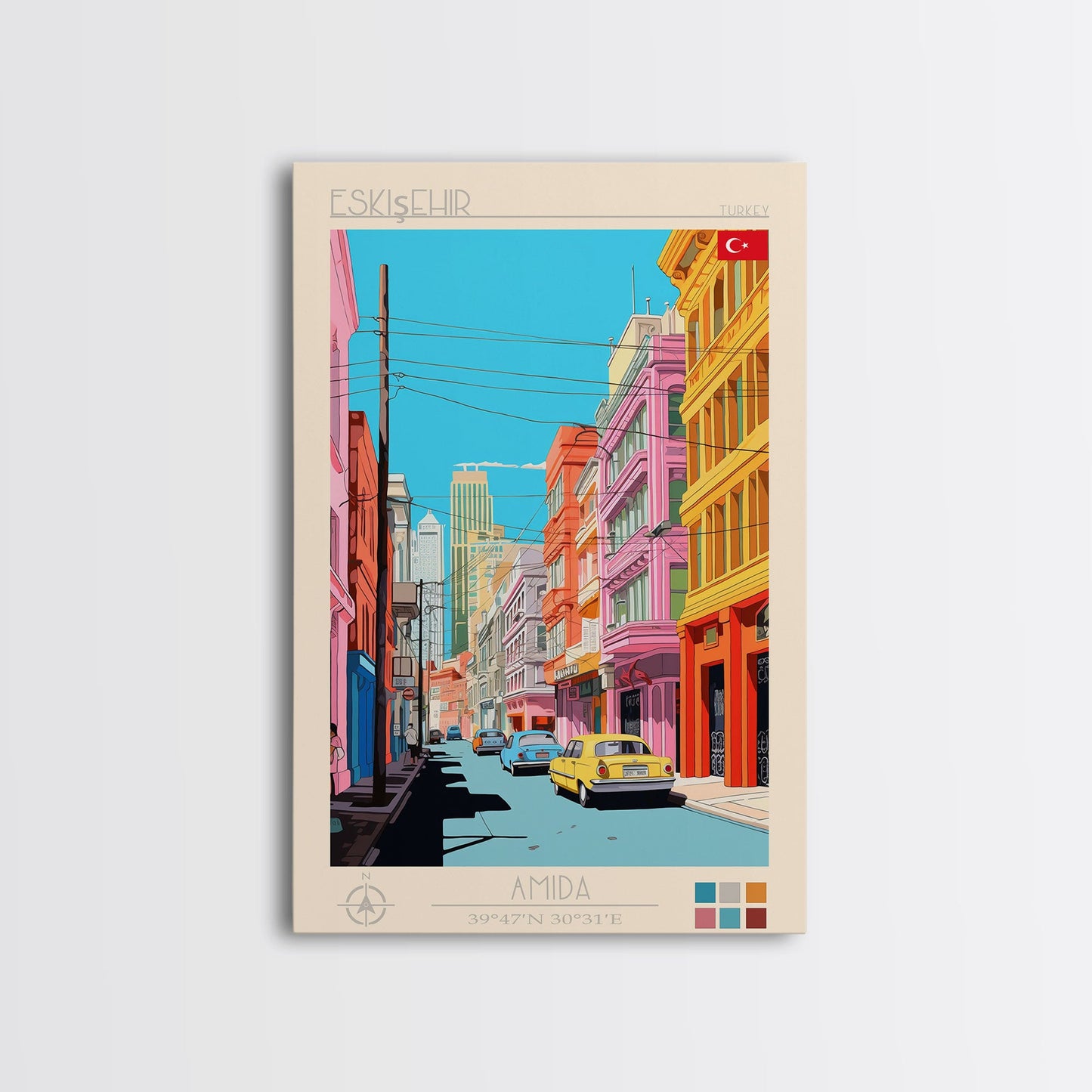 Eskişehir Turkey Travel Poster Framed Canvas Print, Midcentury Modern Art, Pop Art Wall Decor, Scenic Living Room Art, Bedroom Decor