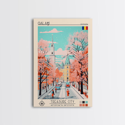 Galați Romania Travel Poster Framed Canvas Print, Midcentury Modern Art, Pop Art Wall Decor, Scenic Wall Art, Bedroom Decoration, Office Art