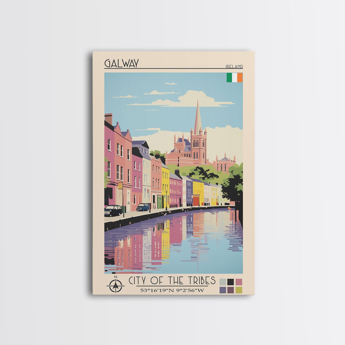 Galway Ireland Travel Poster Framed Canvas Print, Midcentury Modern Art, Pop Art Wall Decor, Scenic Bedroom Art, Office Decoration