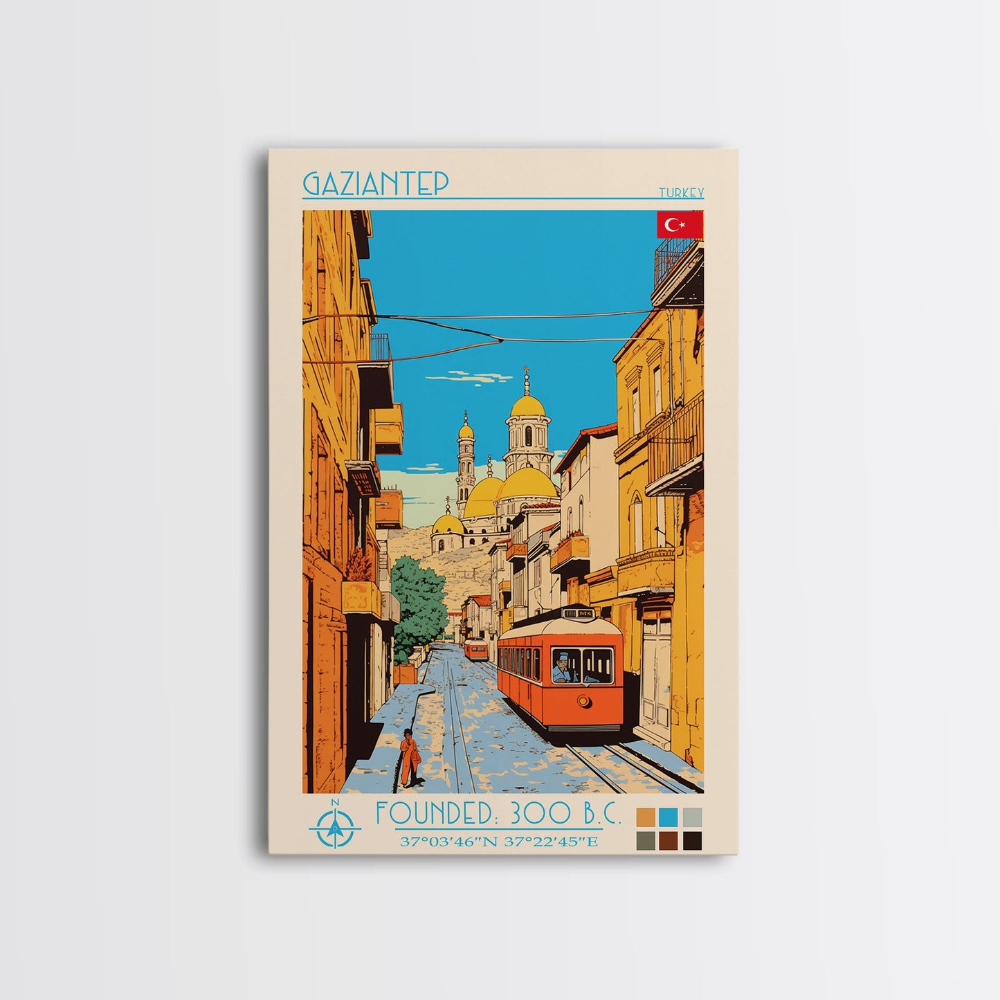 Gaziantep Turkey Travel Poster Framed Canvas Print, Midcentury Modern Art, Pop Art Wall Decor, Scenic Living Room Art, Bedroom Decor